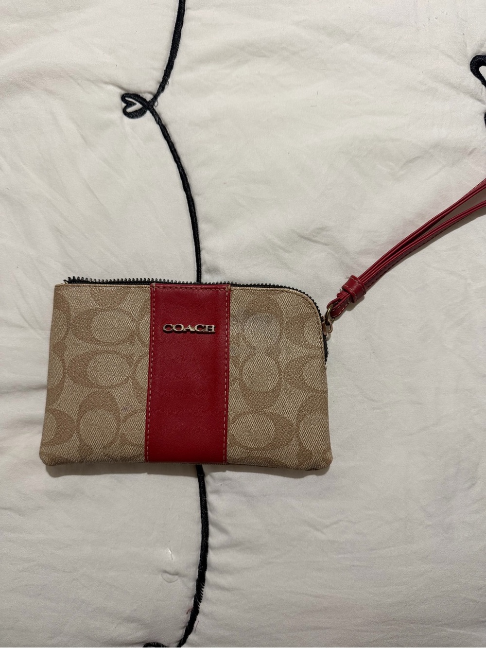 Coach Beige Signature Canvas Wristlet with Red Leather Stripe